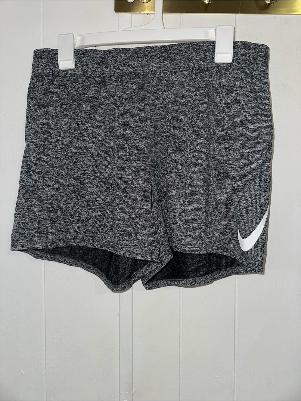 Nike Women’s Heather Charcoal Dri-Fit Athletic Shorts with White Swoosh